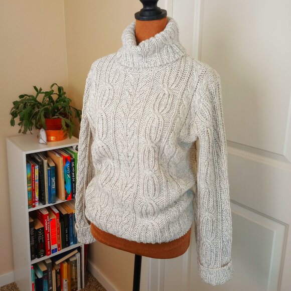 Vintage 90s Grey and Cream Chunky Cable Knit Sweater Turtleneck St. John’s Bay - Picture 1 of 5